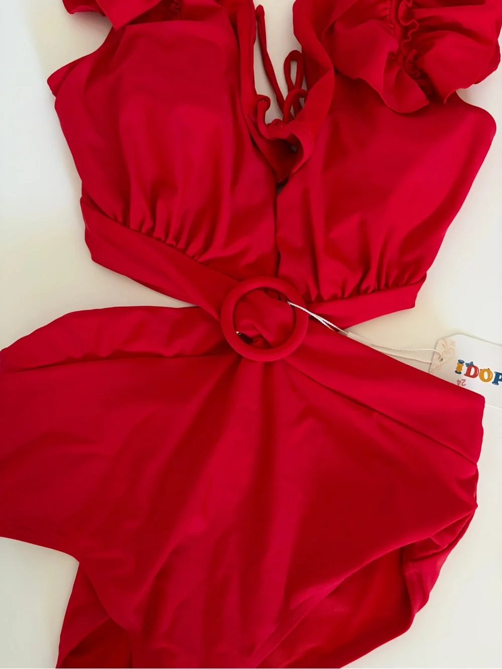 Red Ruffle Shoulder Cutout One-Piece Swimsuit NEW Medium - Picture 5 of 10